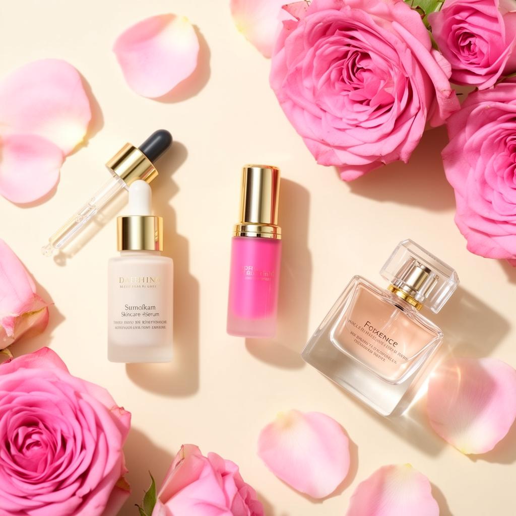 Premium beauty products arranged with soft pink florals